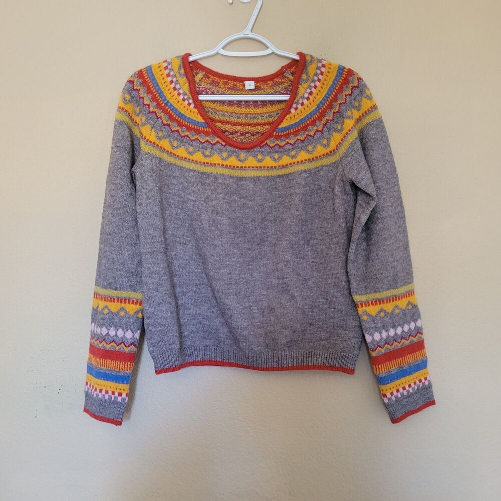 Womens Vintage Fair Isle Knitted Crewneck Pullover Sweater Gray Size Small